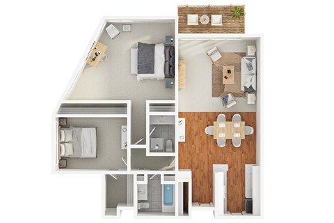Modern 3D floor plan of a 2 bedroom 2 bath apartment with furnitures at 1245 Smithwood, Los Angeles, CA
